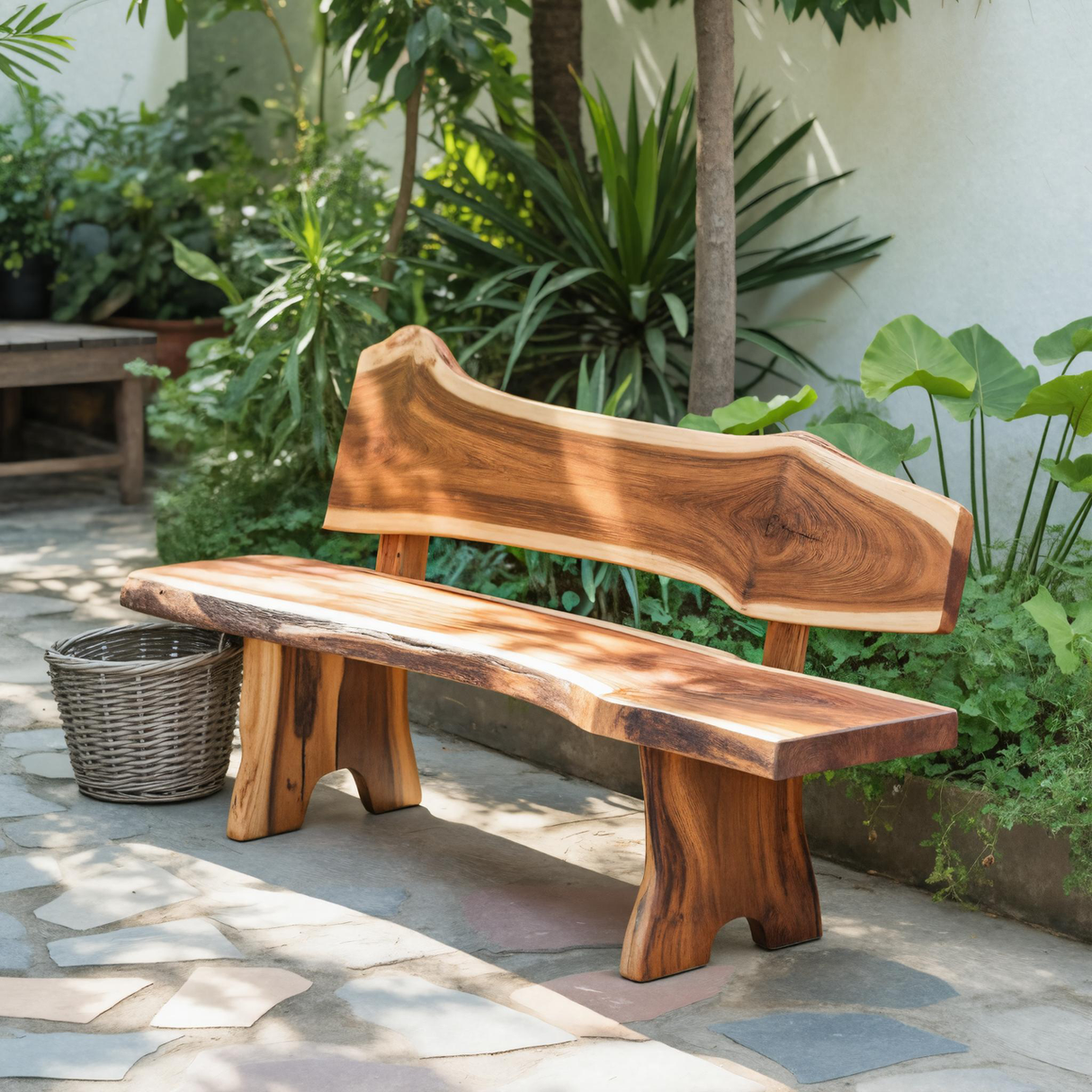 Rustic Live Edge Outdoor Bench With Curved Back For Patio Or Garden