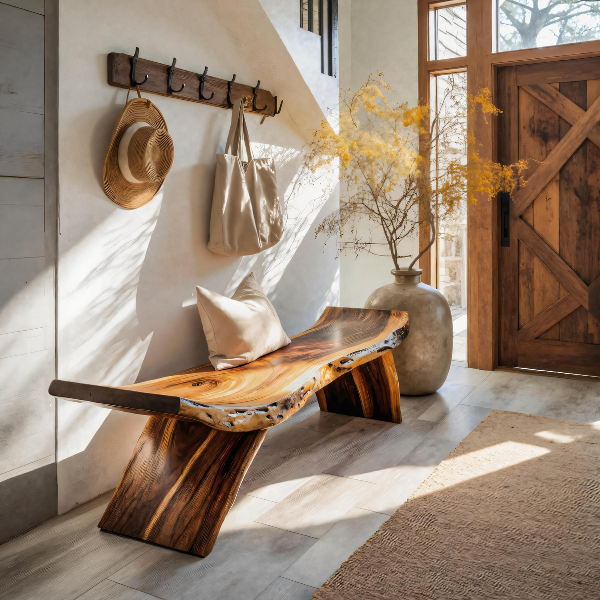 Rustic Live Edge Bench With Organic Curves For Entryway
