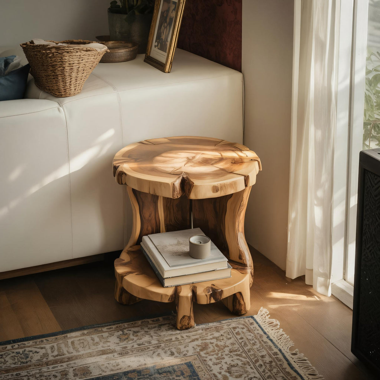 Rustic Round Side Table With Two Tier For Living Room And Bedside