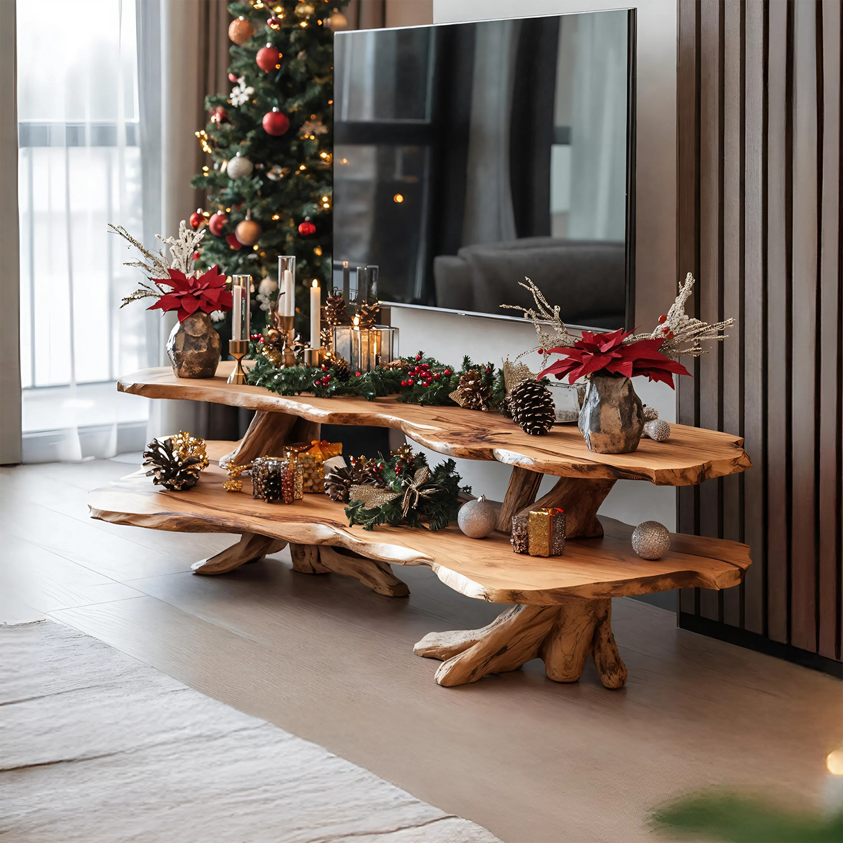 Mid Century Wooden Live Edge TV Console For Holiday Bedroom Christmas
