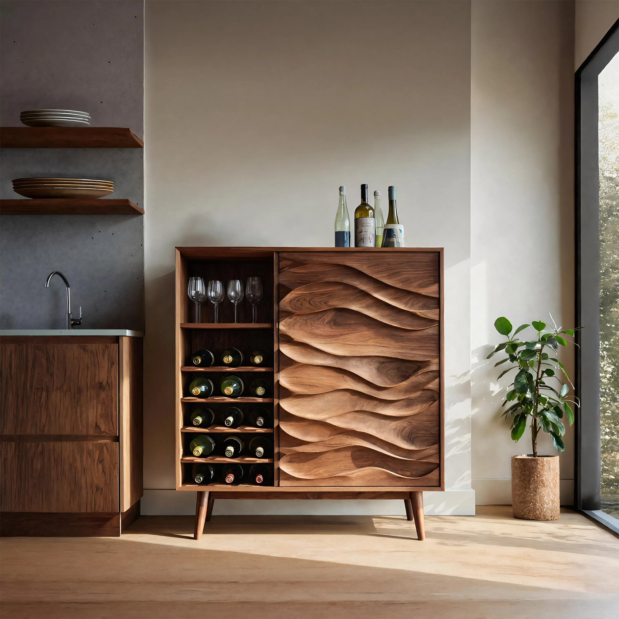 Sculptural Wine Cabinet With Wave Carved Doors For Kitchen