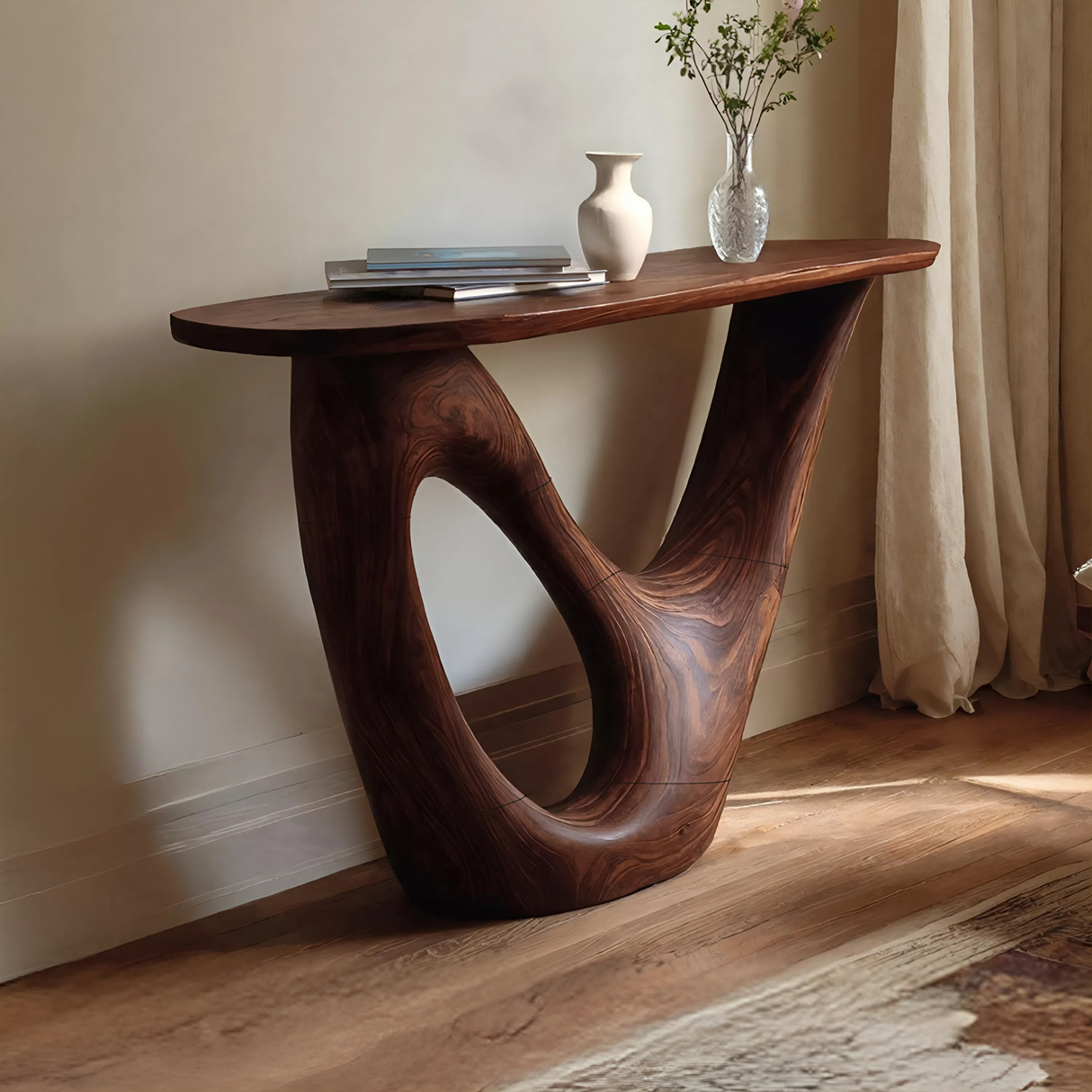 Mid Century Live Edge Console Table Sculptural Solid Wood For Living Room