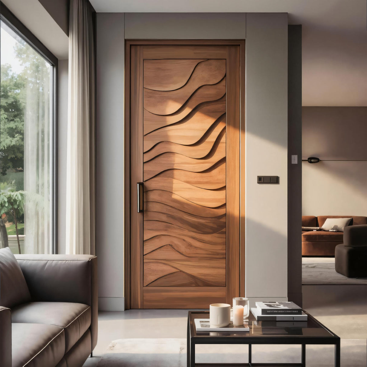 Modern Wave Carved Door Design With 3D Pattern For Hallway And Living Room