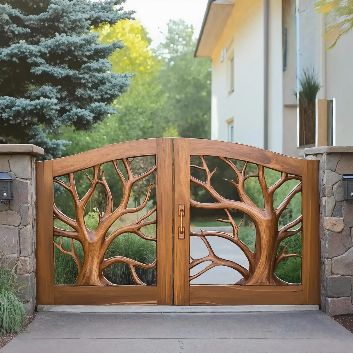 Rustic Tree Carved Entrance Gate For Garden Driveway