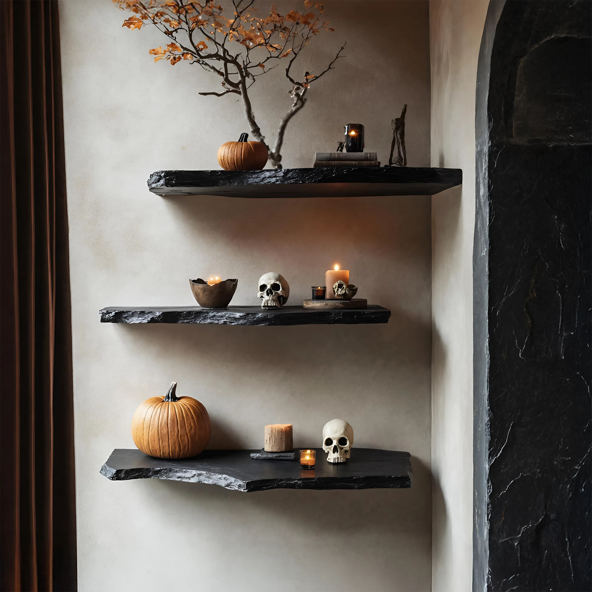 Farmhouse Wooden Floating Shelf For Entryway Design With Halloween Storage