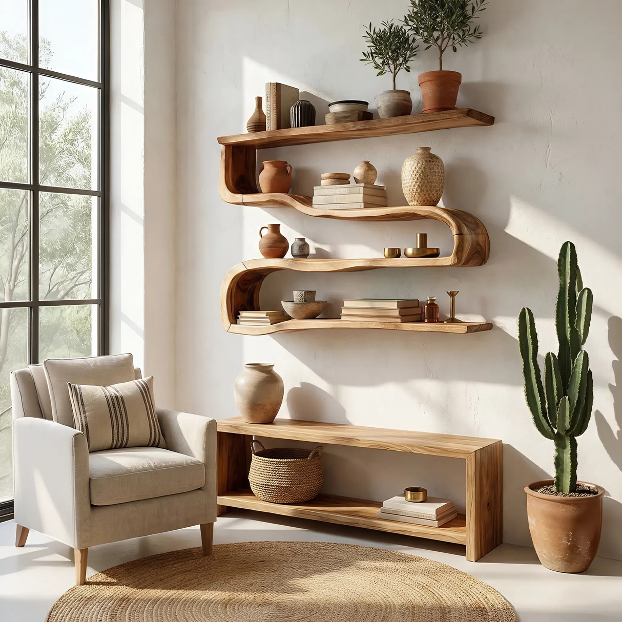 Modern Wooden Shelving Unit For Living Room Wall Storage