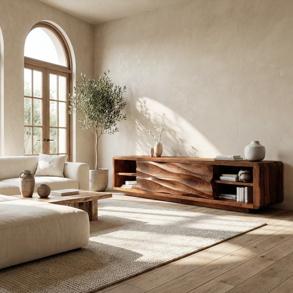 Quiet Luxury Low Sculpted Sideboard For Living Room