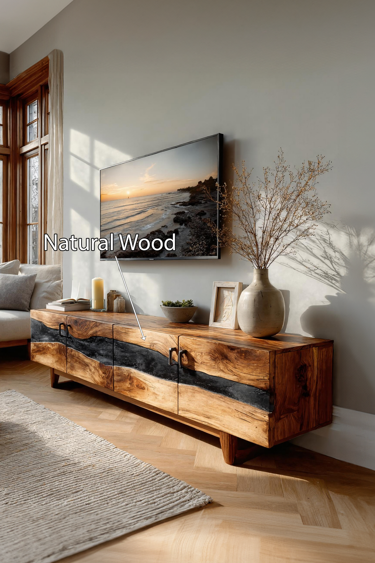 Mid Century Rustic Wooden TV Stand For Living Room