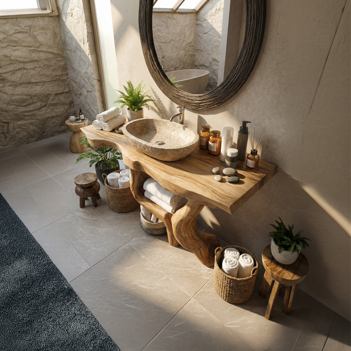 Mid Century Solid Wood Bathroom Vanity Organic Live Edge For Home Bath