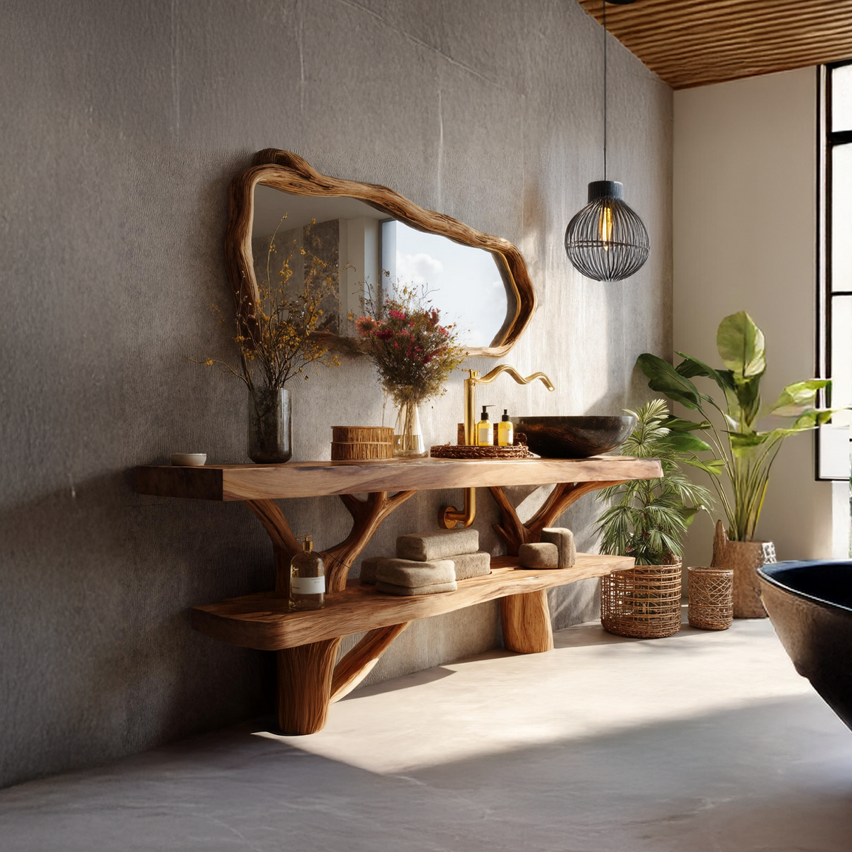 Mid Century Wooden Live Edge Bathroom Vanity For Elegant Bathroom Decor