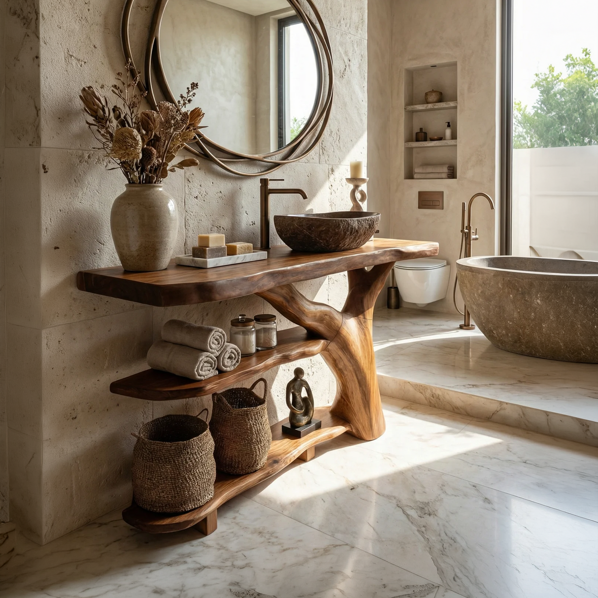 Mid Century Live Edge Bathroom Vanity Handmade Wood For Luxury Bath