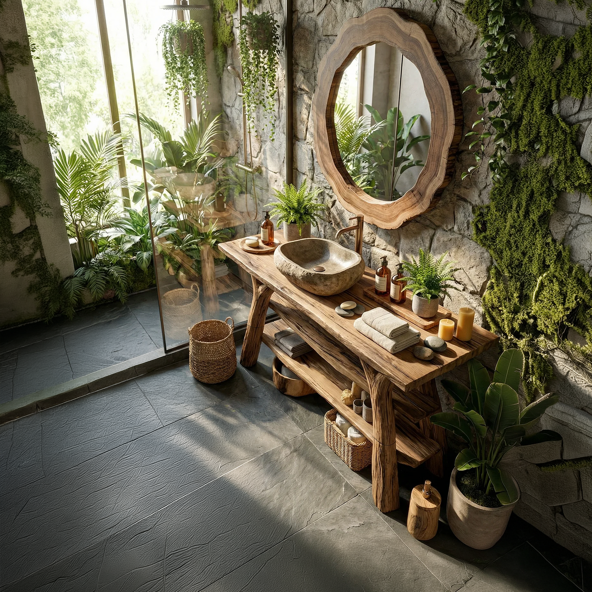 Mid Century Live Edge Bathroom Vanity Natural Solid Wood For Spa Bathroom