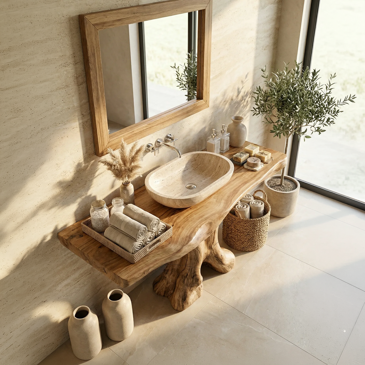 Mid Century Bathroom Vanity Solid Wood Sculptural For Luxury Bathroom