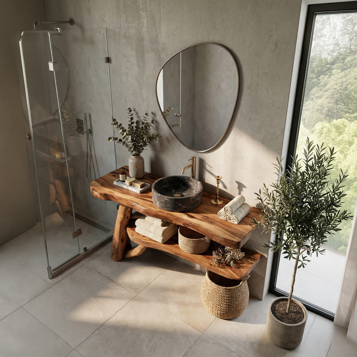 Mid Century Solid Wood Bathroom Vanity Handmade Live Edge For Bathroom