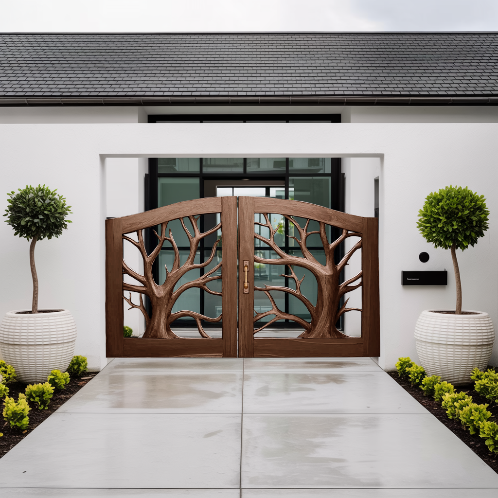 Rustic Tree Carved Entrance Gate For Garden Driveway