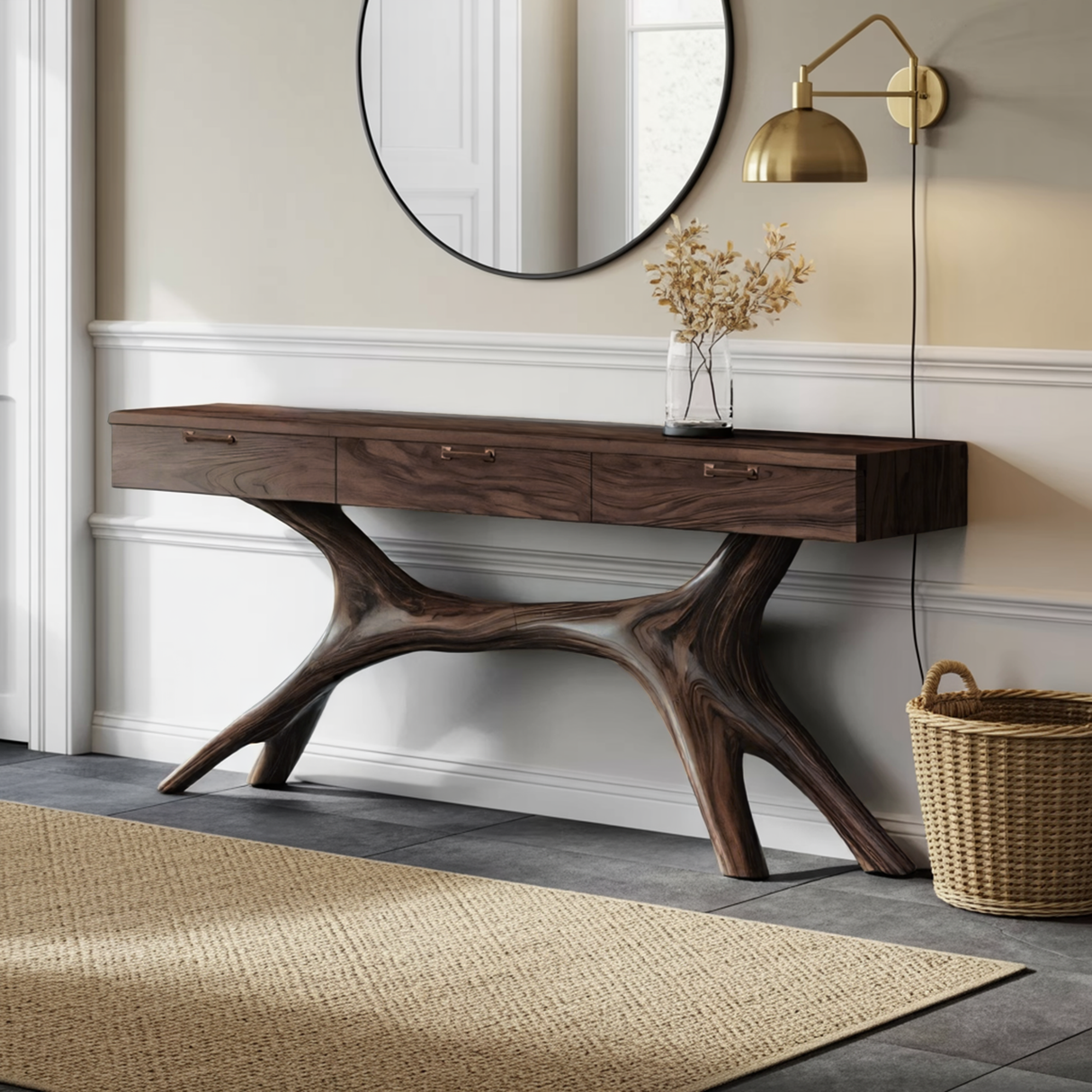Farmhouse Wooden Console Table For Furniture Decor With Drawers