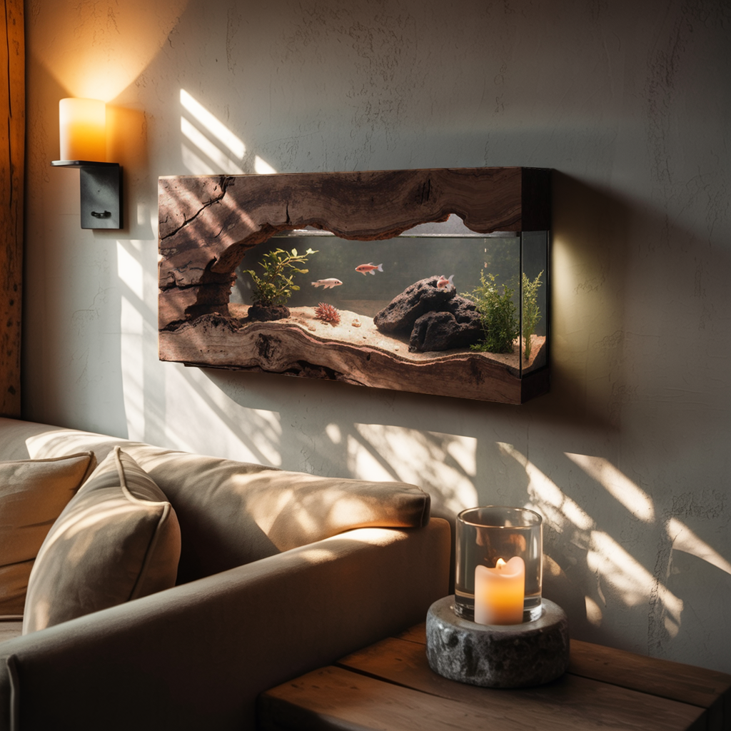 Wall Mounted Aquarium With Driftwood Frame For Living Room And Office
