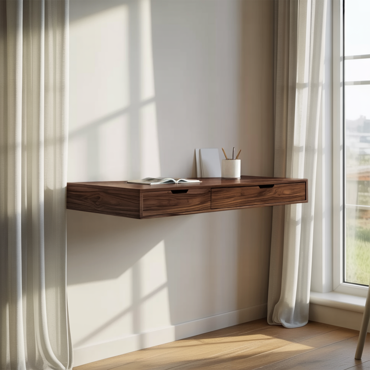 Modern Minimal Floating Desk With Drawers For Home Office