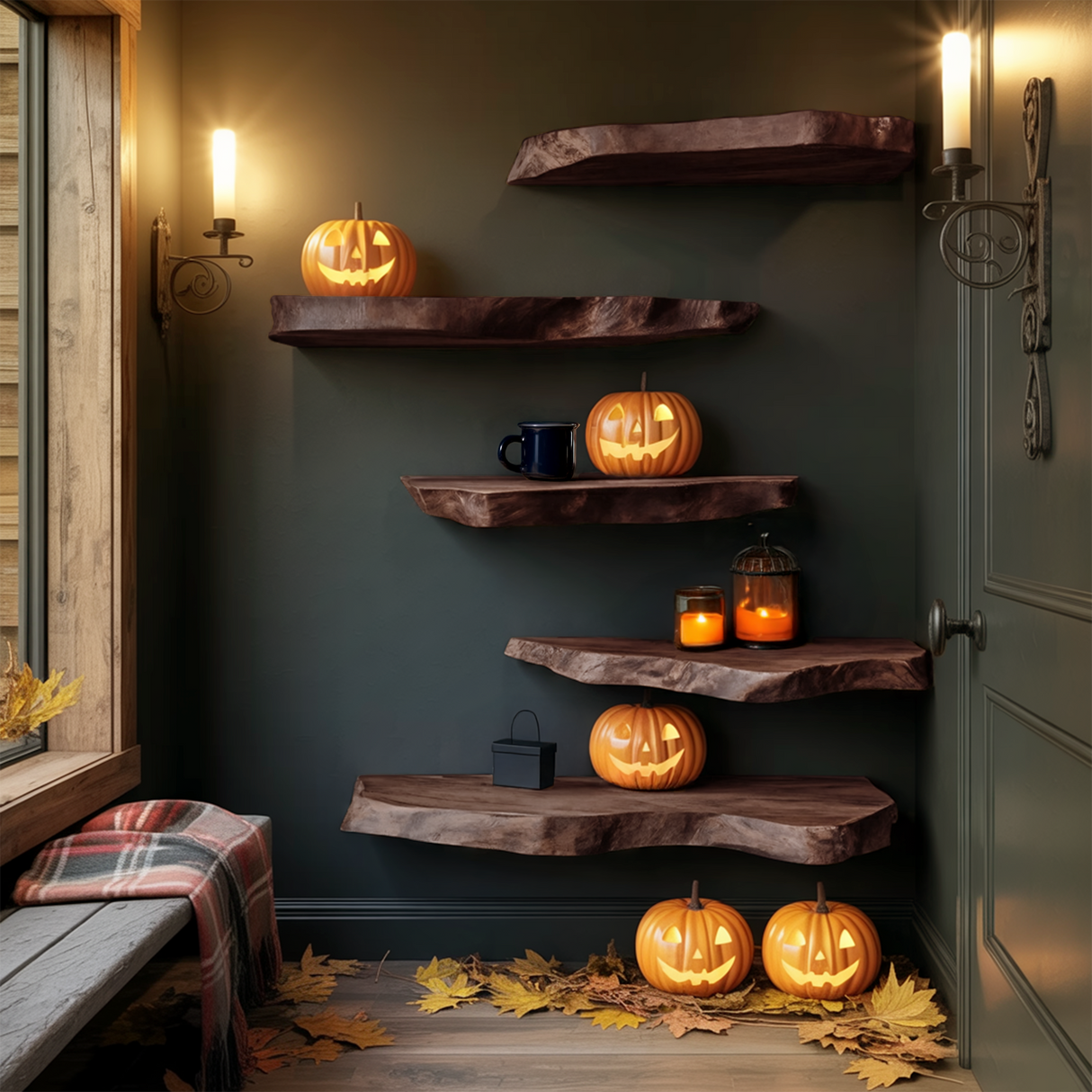 Handcrafted Solid Wood Shelf For Entryway Design Functional Halloween Space