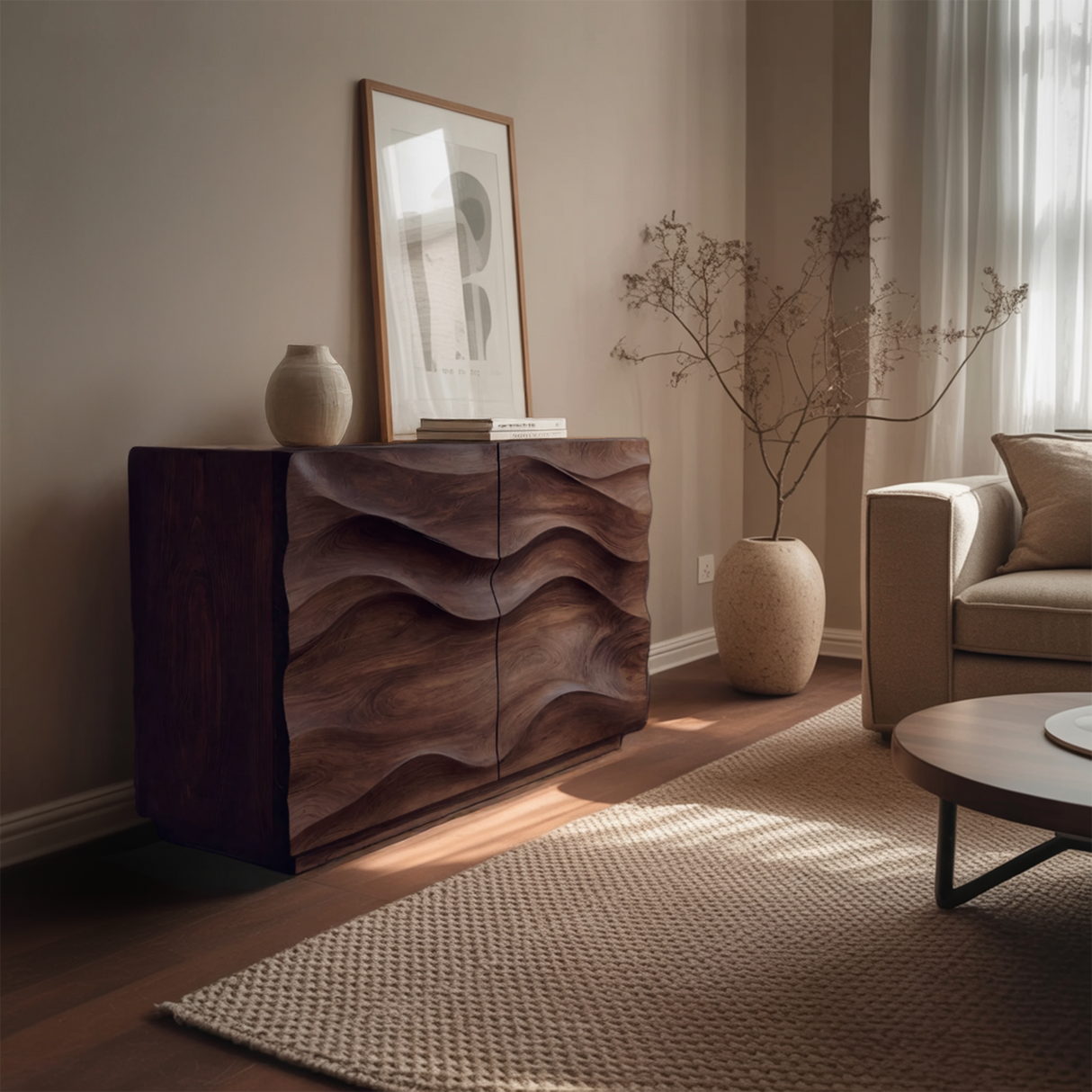 Contemporary Sideboard Sculptural Carved For Living Room