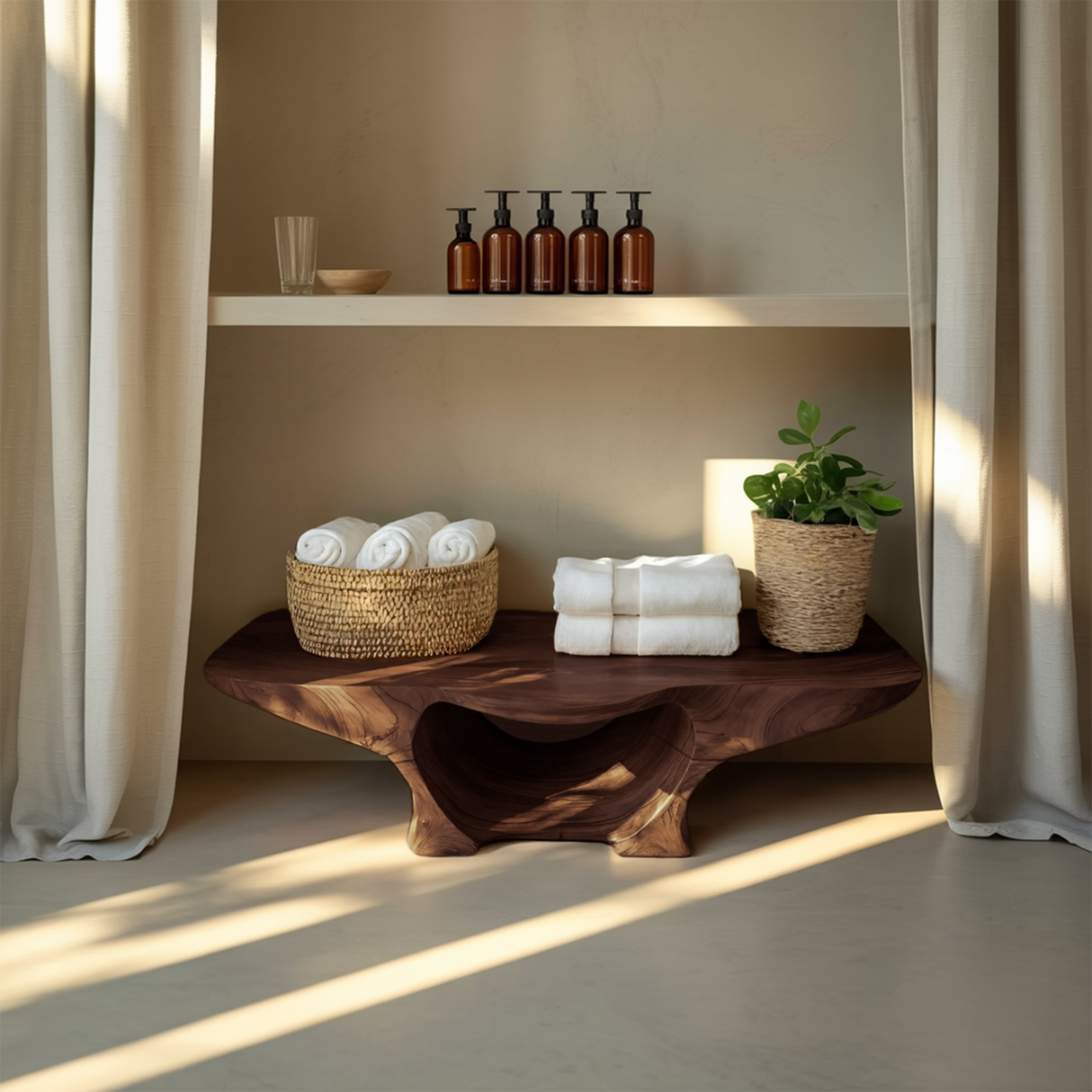 Organic Shower Bench With Curves And Storage Space For Bathroom