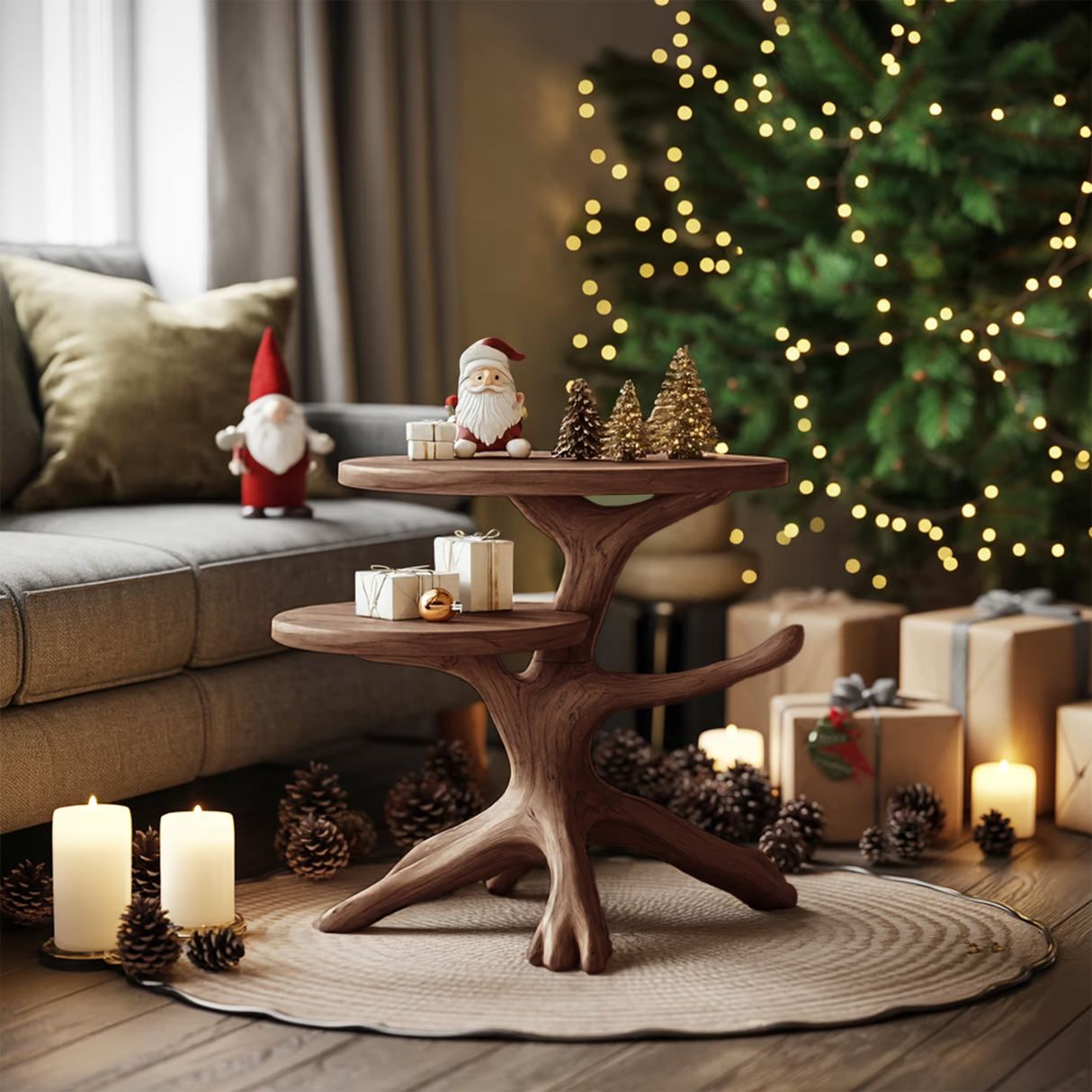 Handcrafted Round End Table For Entryway Design Xmas Accent