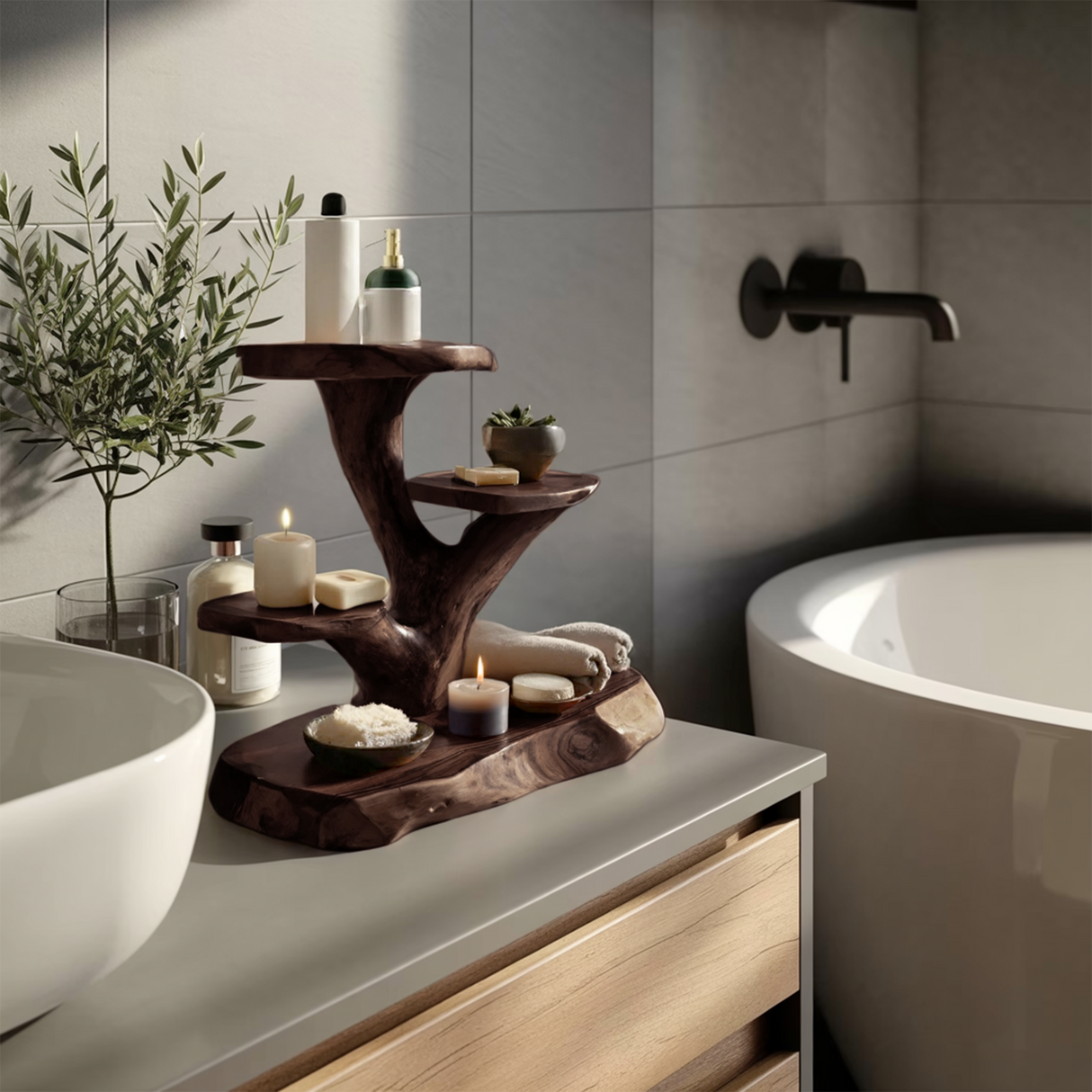 Organic Multi Tier Display Shelf For Bathroom