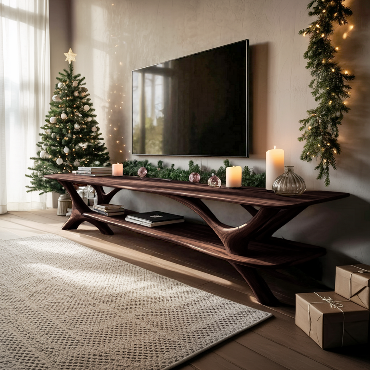Farmhouse Wooden Live Edge TV Console For Holiday Living Room Gift