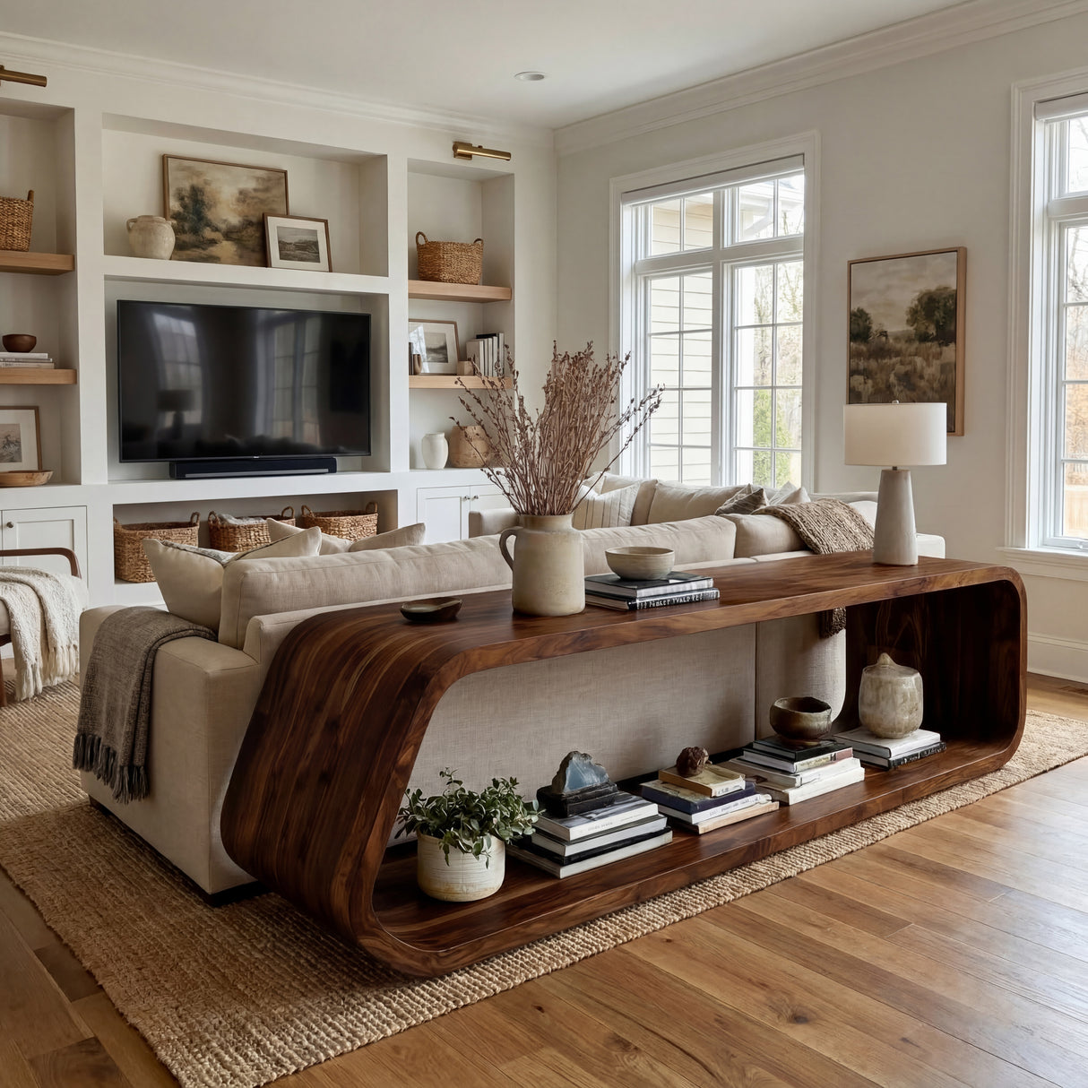 Modern Wood Console Table With Rounded Form For Living Room