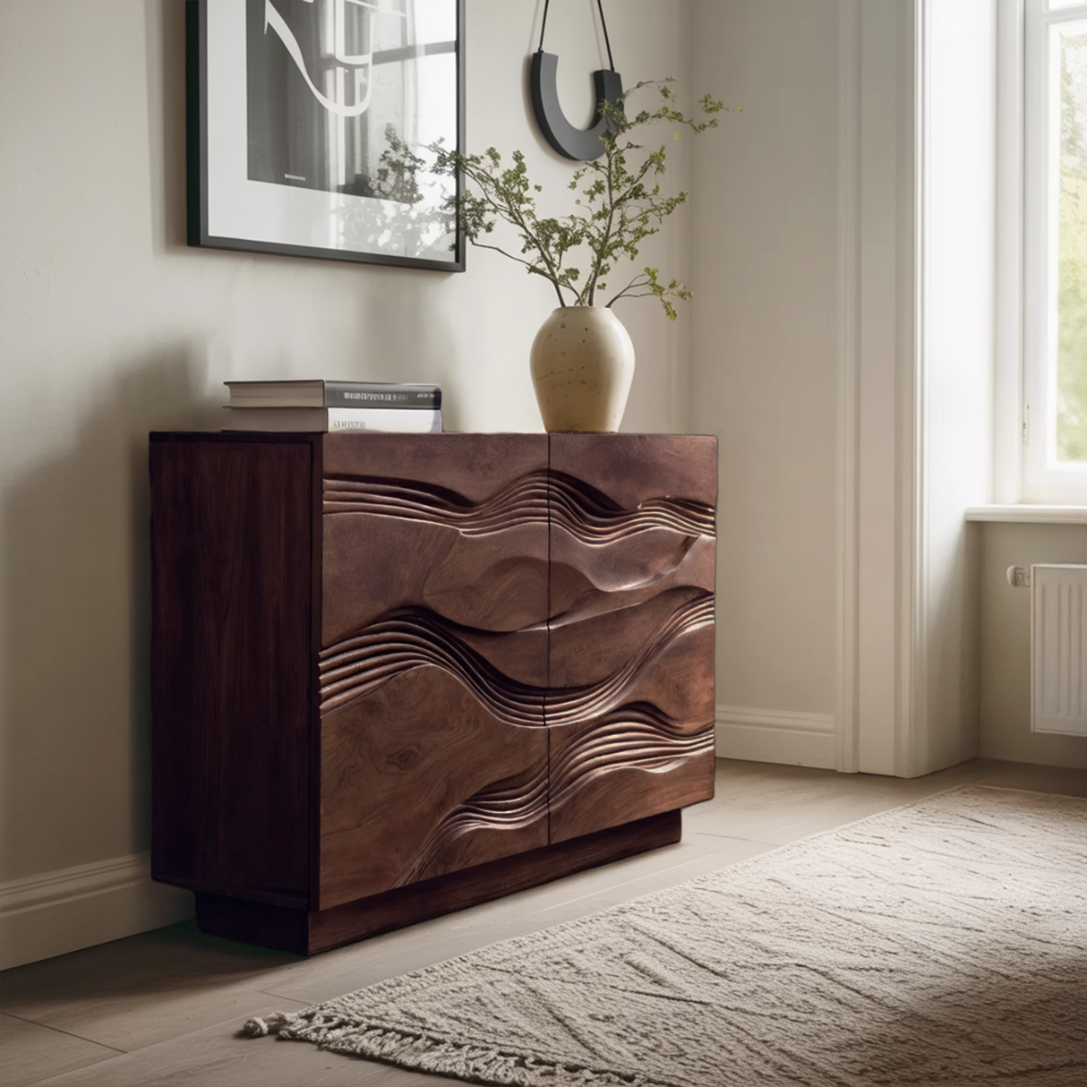 Organic Storage Cabinet Hand Carved Wave Pattern For Home Decor