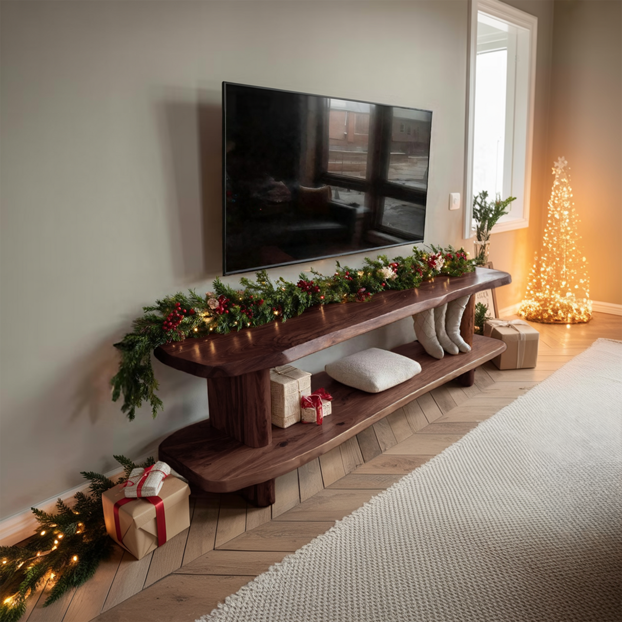 Handcrafted Live Edge Wooden TV Console For Holiday Bedroom Decor