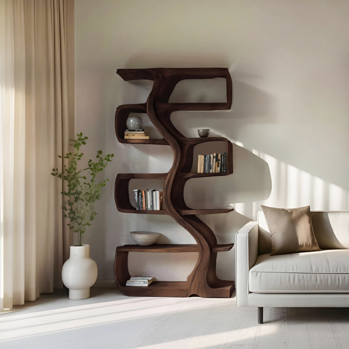 Organic Sculptural Bookshelf With Wavy Design For Living Room