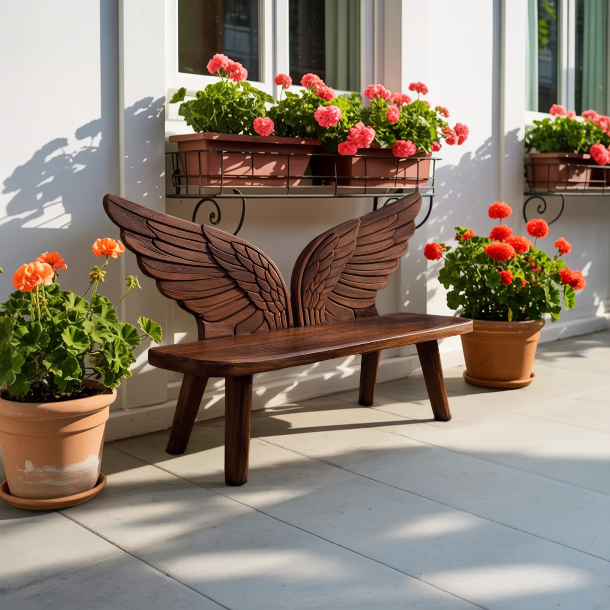Outdoor Wood Bench Bird Wing Backrest For Patio