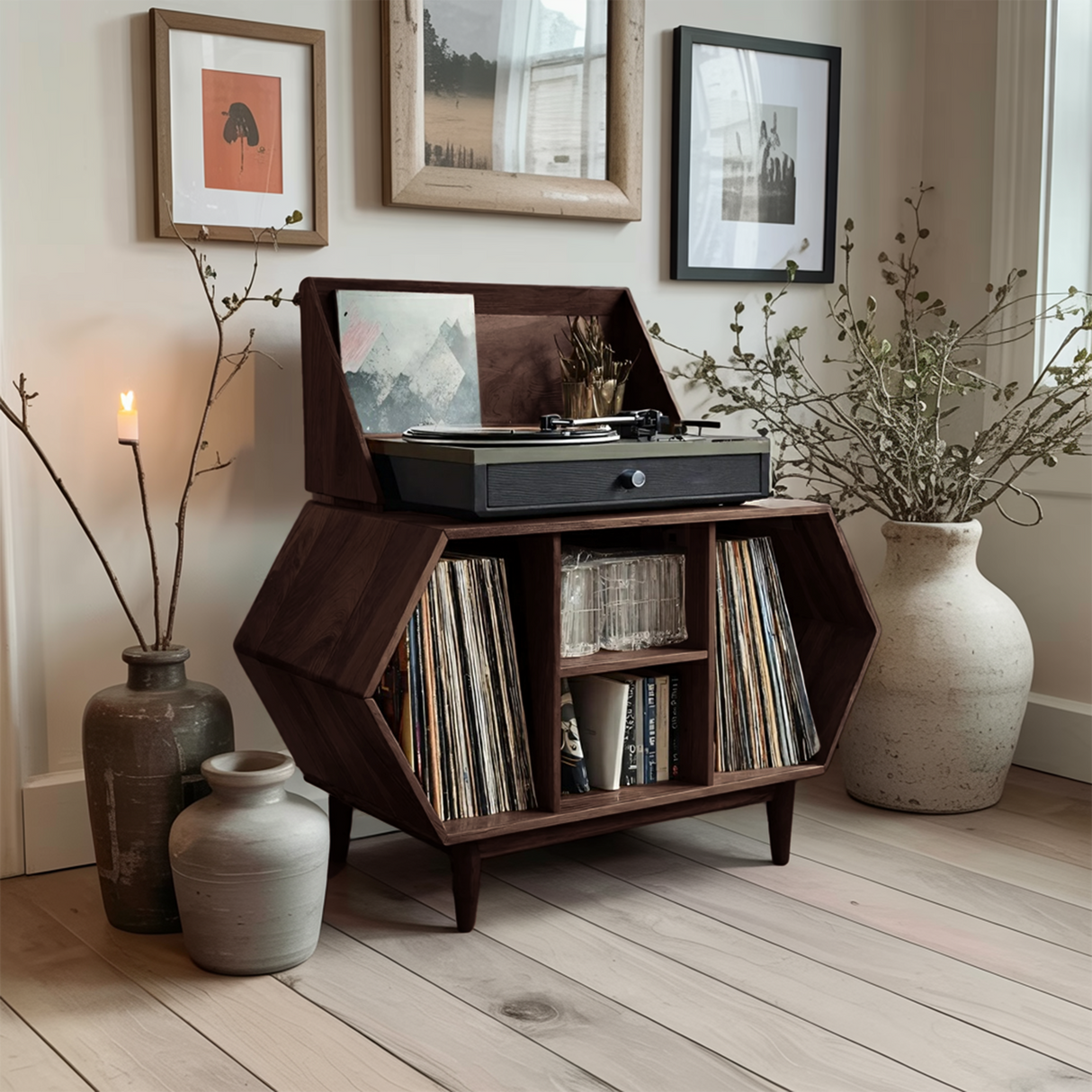 Farmhouse Solid Wood Record Stand For Entryway Furniture Decor