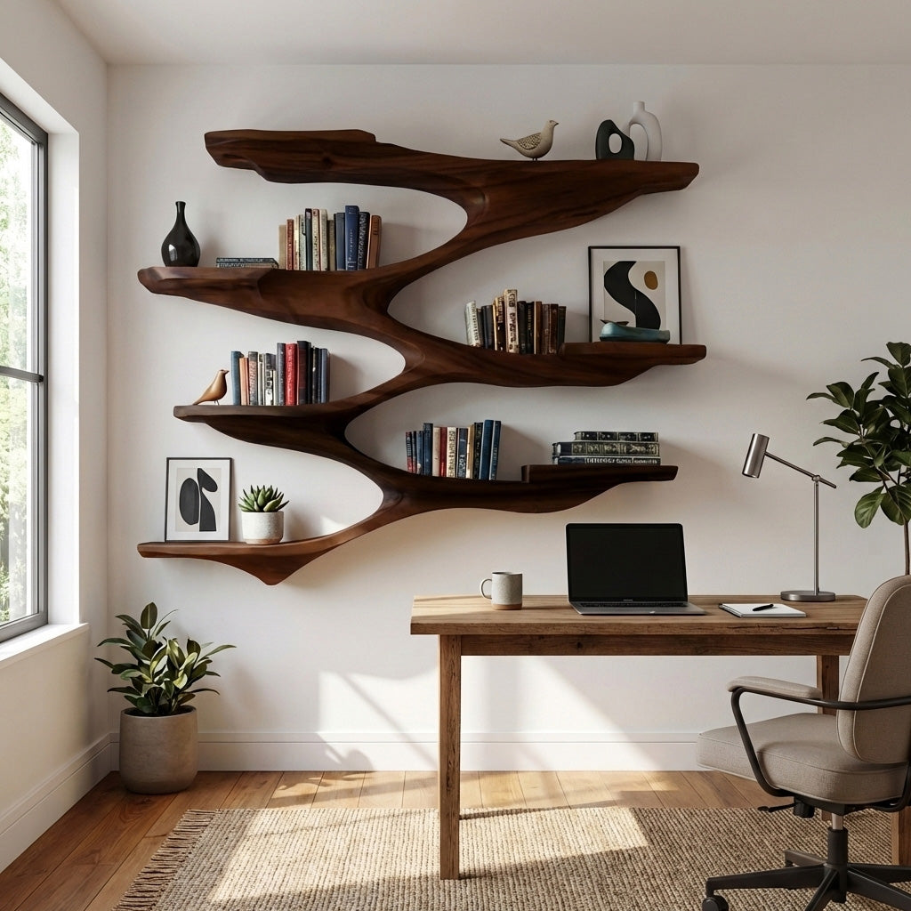 Mid Century Wooden Wall Shelf For Living Room Space