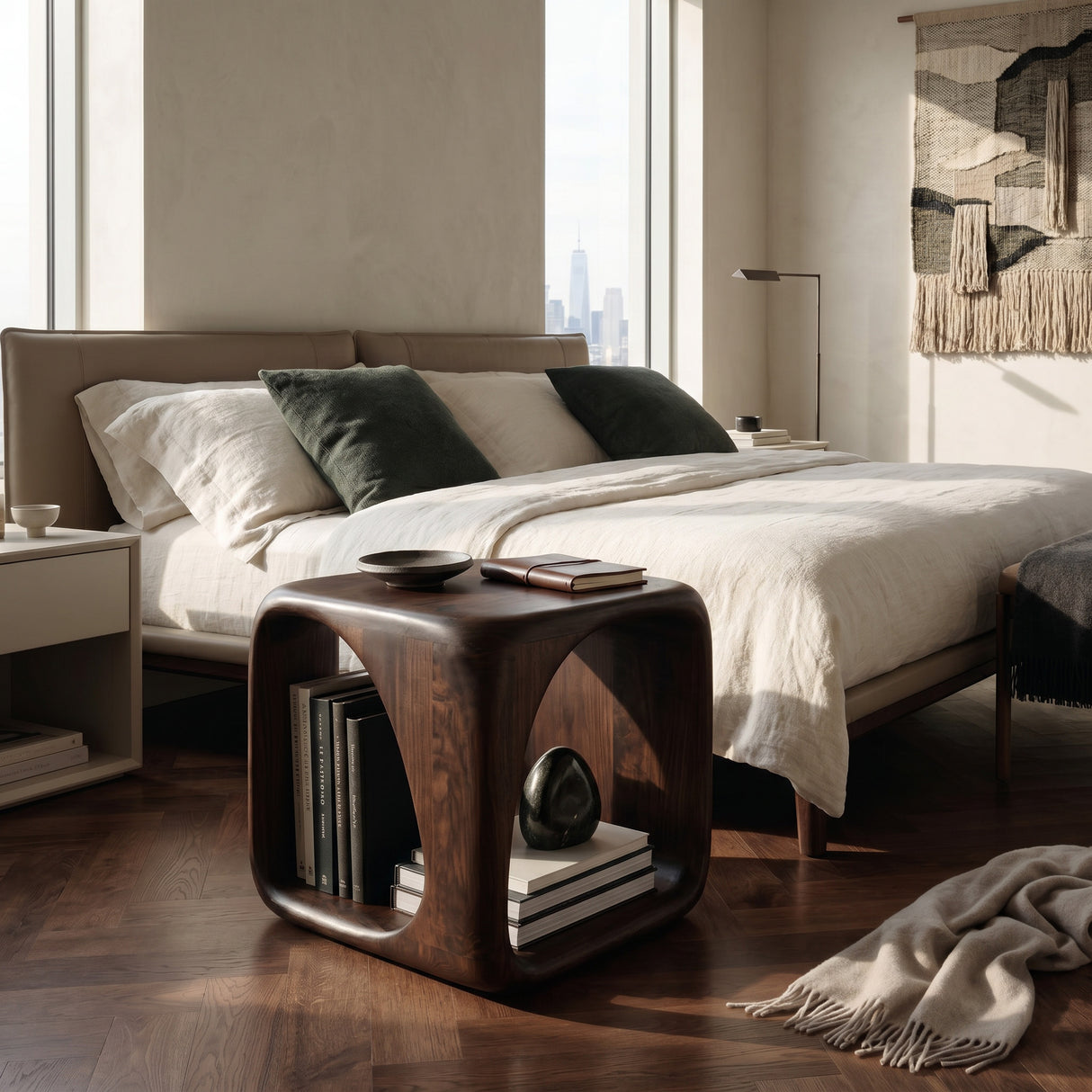 Modern Wooden Side Table With Sculptural Hollow Form For Living Room