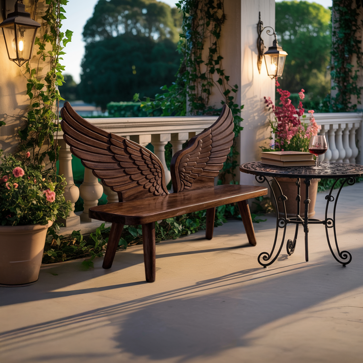 Modern Wood Bench With Wing Backrest For Exterior Seating