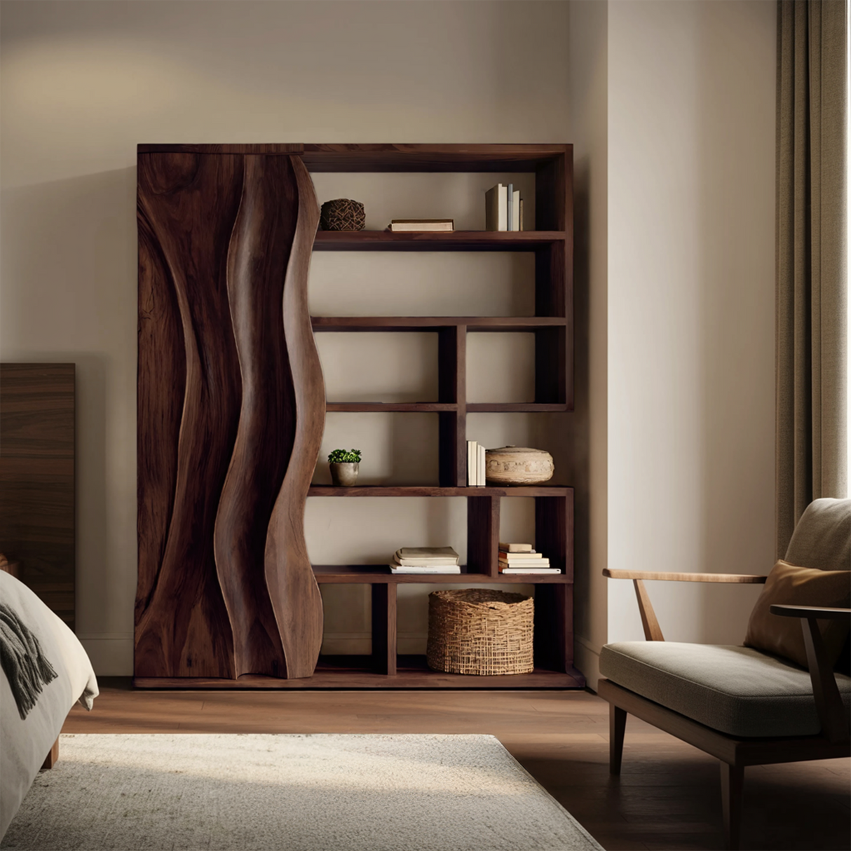 Modern Bookshelf With Wave Door For Home Decor