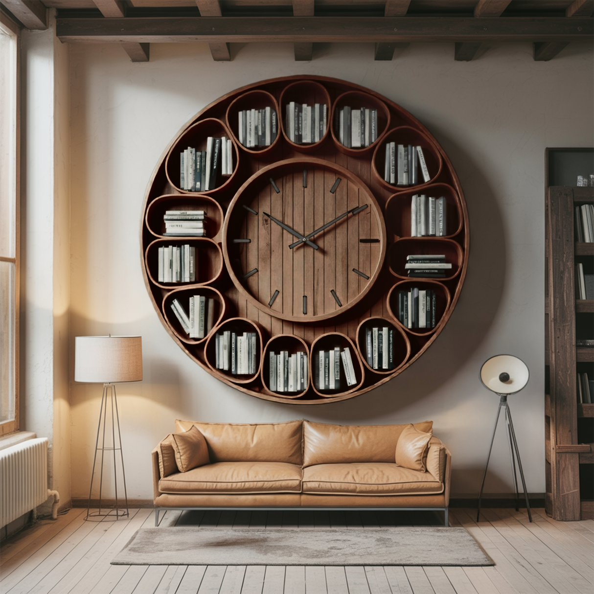 Contemporary Round Wall Bookshelf With Clock For Living Room And Home Office