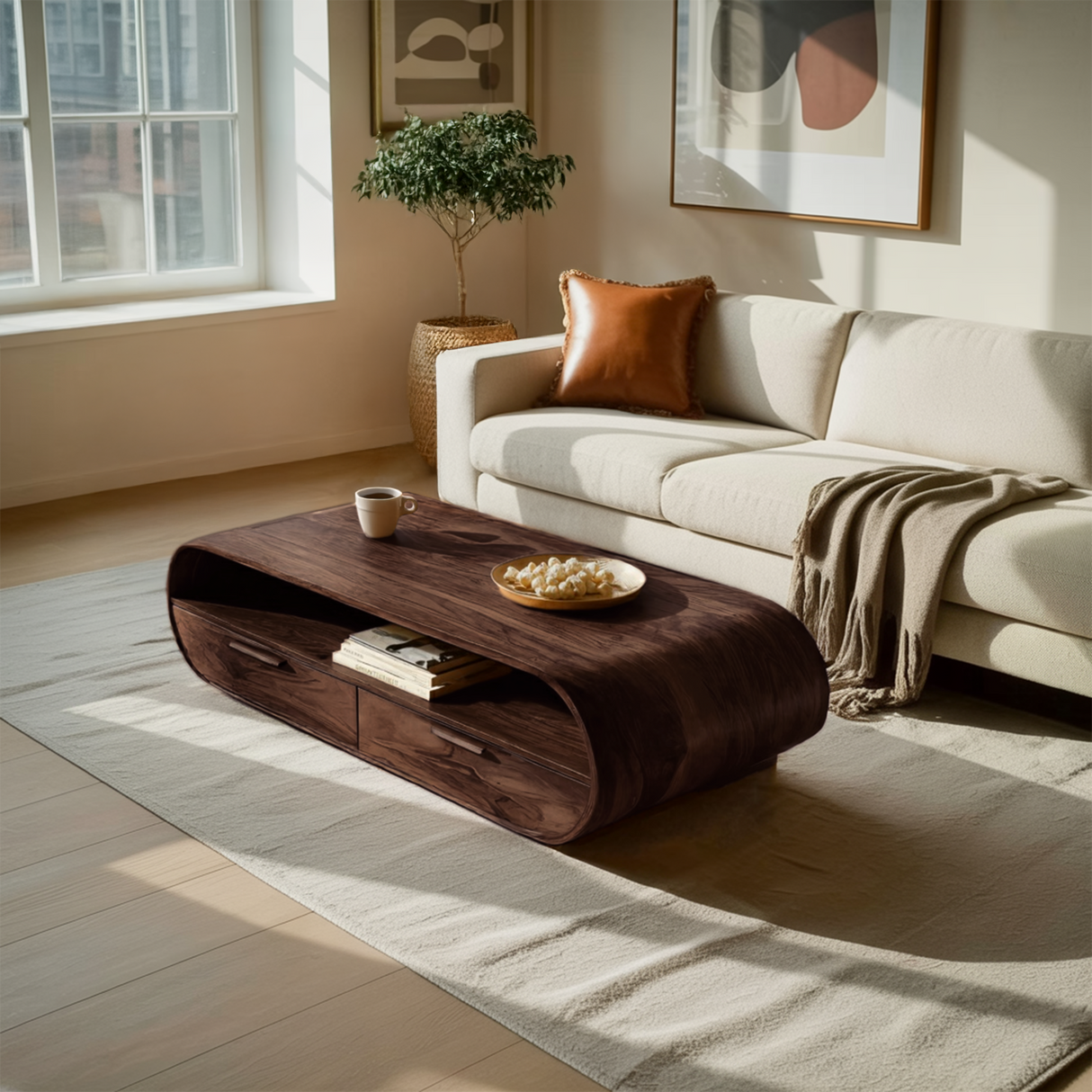 Modern Coffee Table Curved Storage Design For Living Room