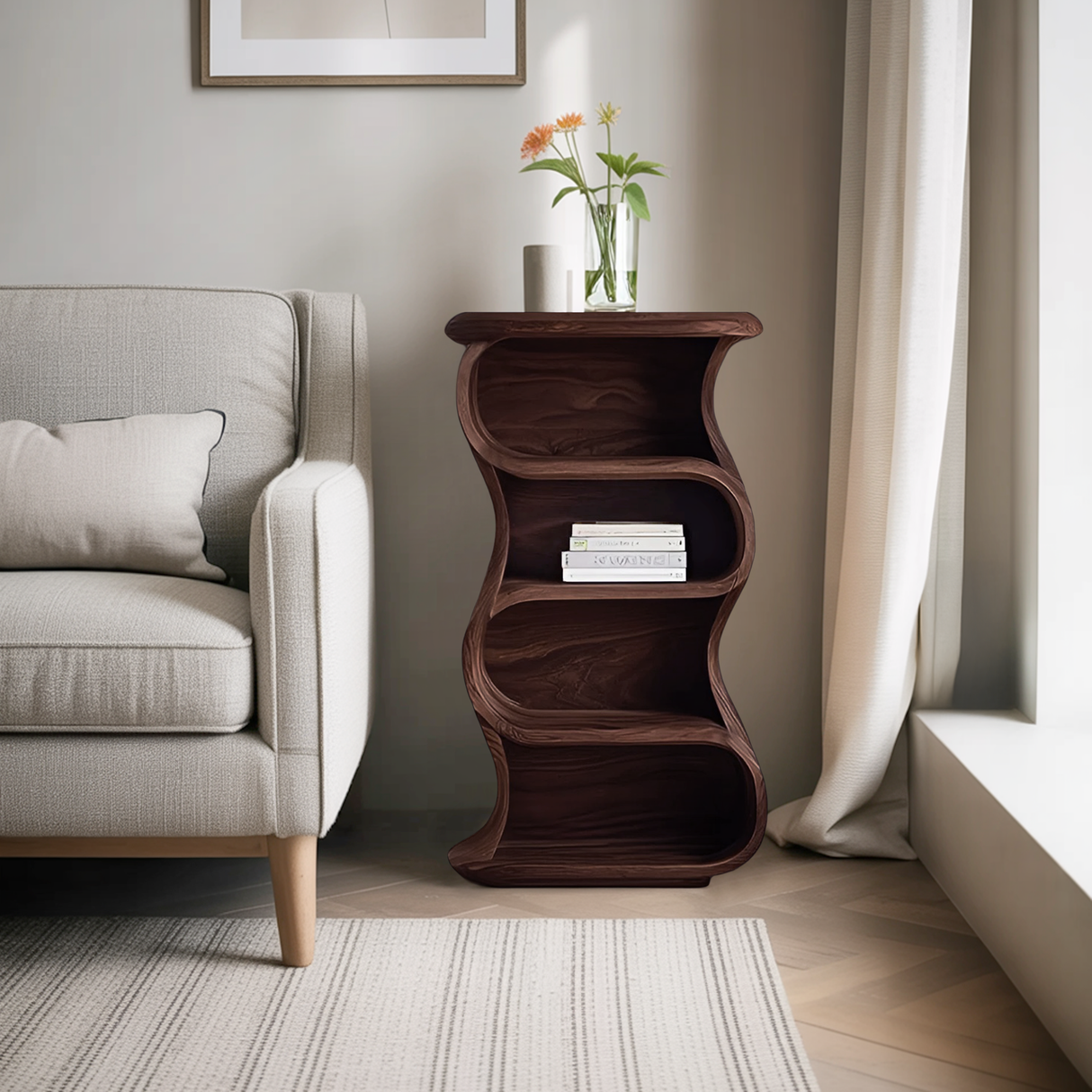 Minimalist Sculptural Nightstand With Open Shelf For Bedroom