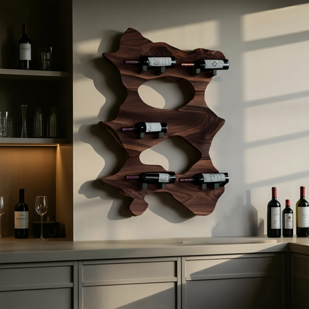 Rustic Solid Wood Live Edge Wine Rack For Entryway