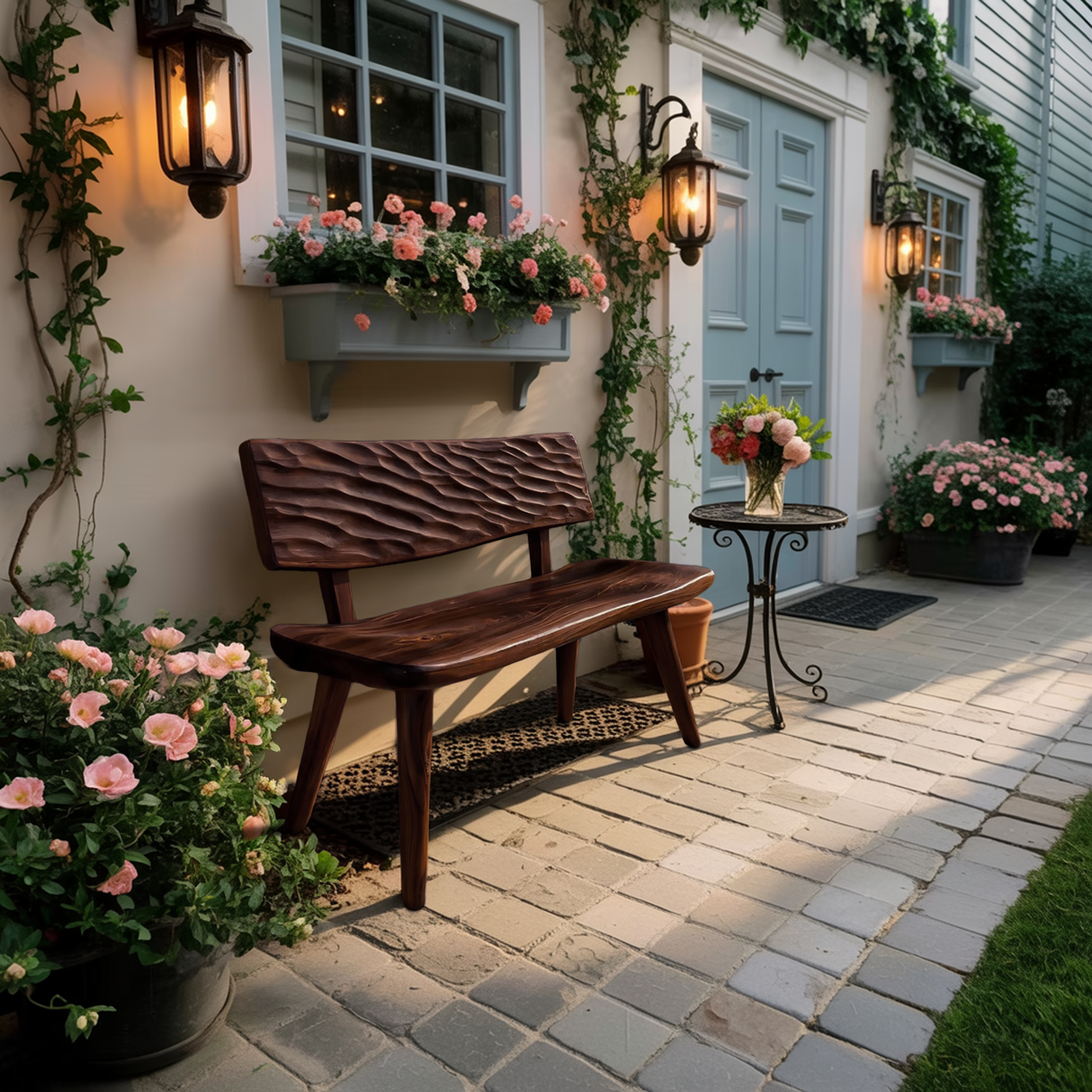 Modern Outdoor Wood Bench With Carved Backrest For Patio