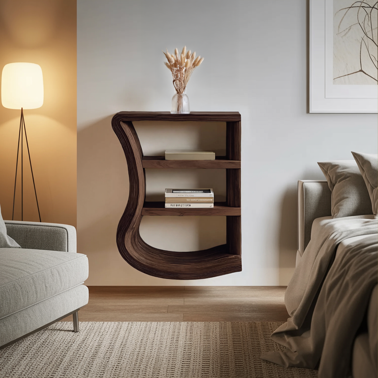 Minimal Curved Nightstand Open Shelf Design For Bedroom