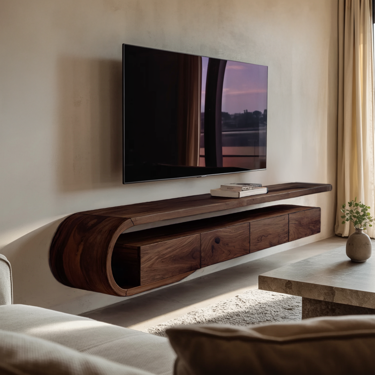 Modern Sculptural Wall Mounted TV Console For Living Room