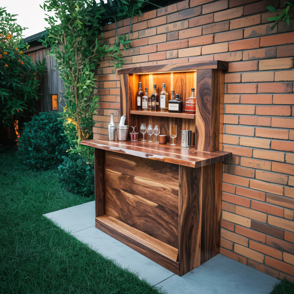Live Edge Wall Mounted Outdoor Bar With Shelf And Lights For Patio Or Garden