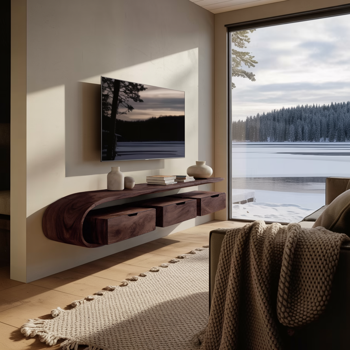 Contemporary Sculptural Wall Mounted Media Console For Living Room