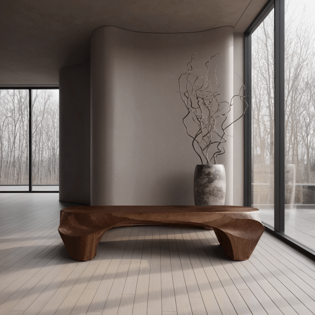 Modern Sculptural Bench And Wall Mirror For Entryway