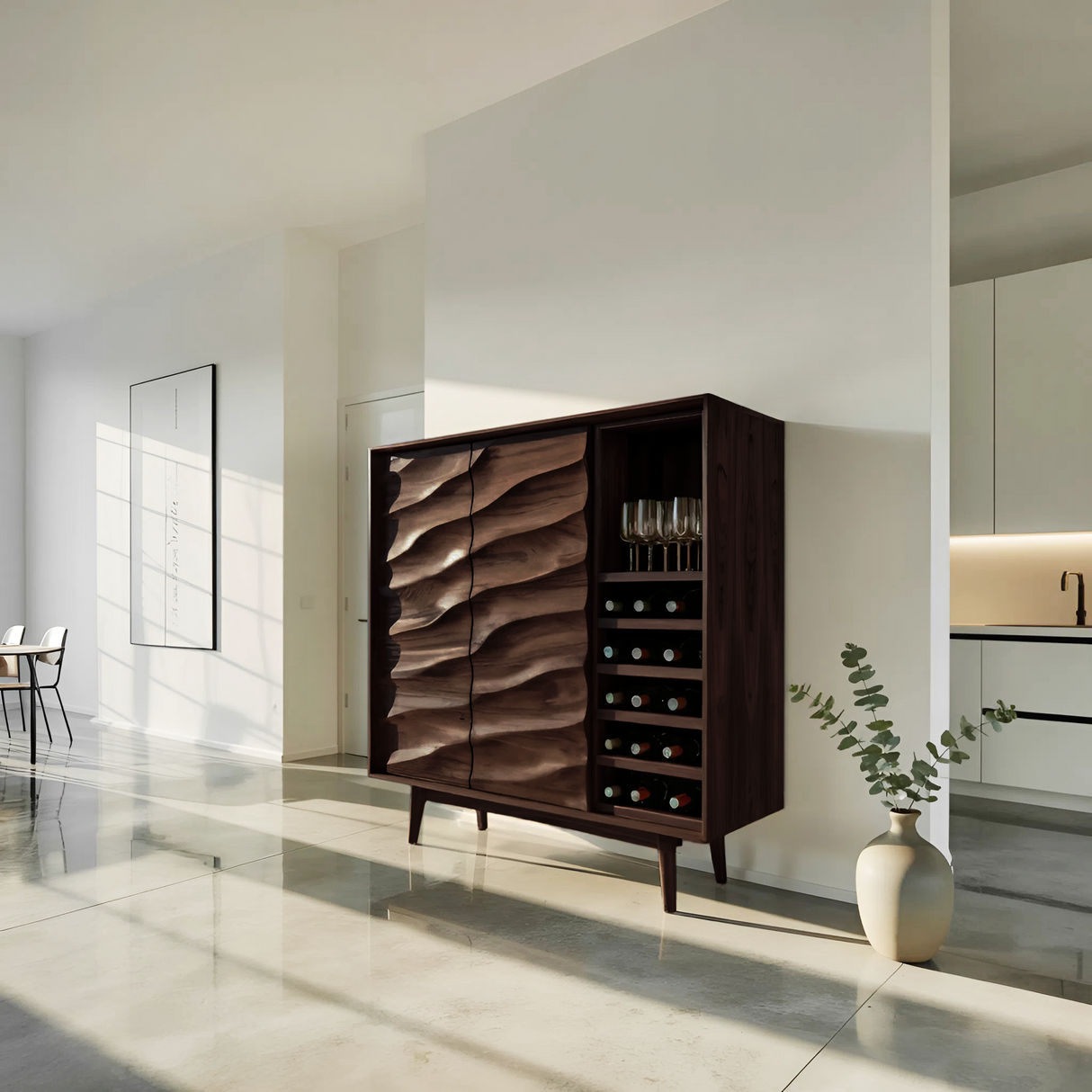 Modern Wine Cabinet With Wave Carved Doors For Kitchen Area