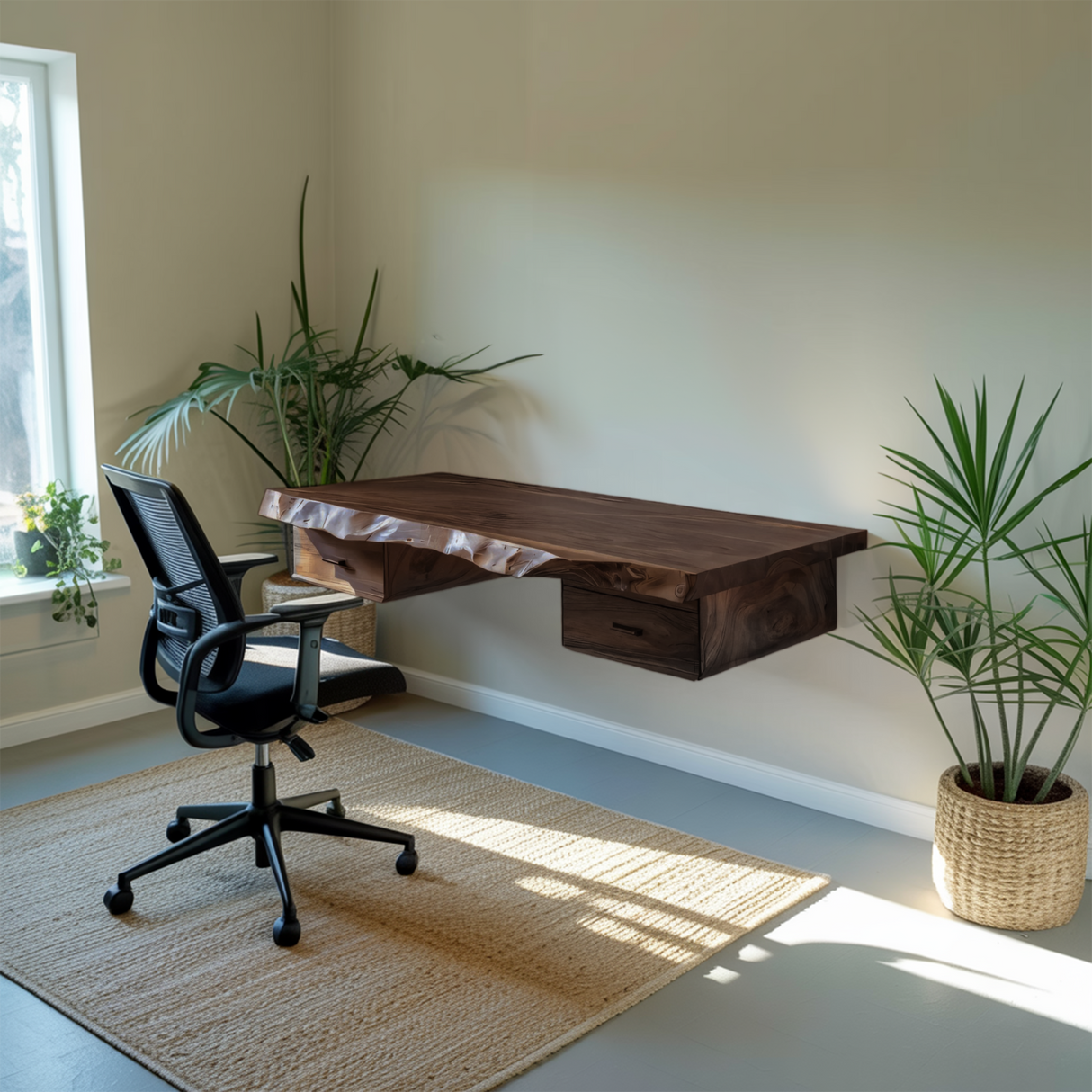 Floating Live Edge Desk With 2 Drawers For Home Office